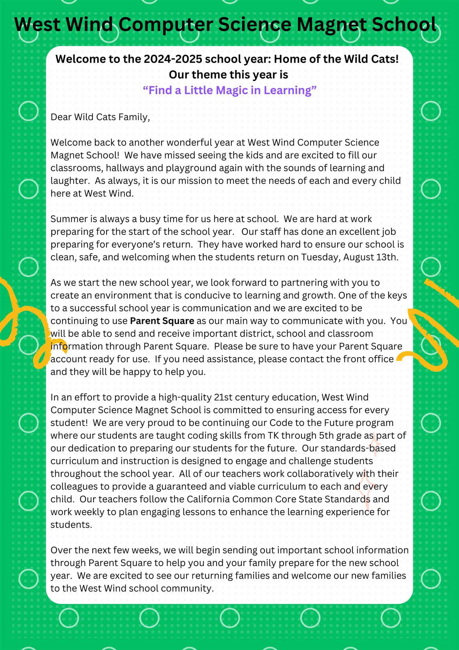 Please read our welcome back letters for the year and join us in welcoming in the new year with a smile.